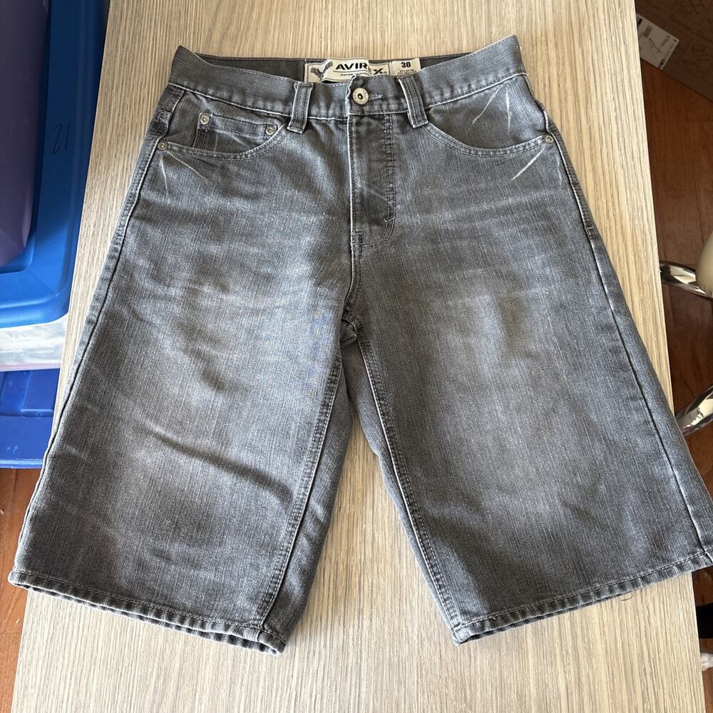 VTG Avirex Shorts Black Mens Size 30 Denim Jorts Baggy Wide Leg Y2K